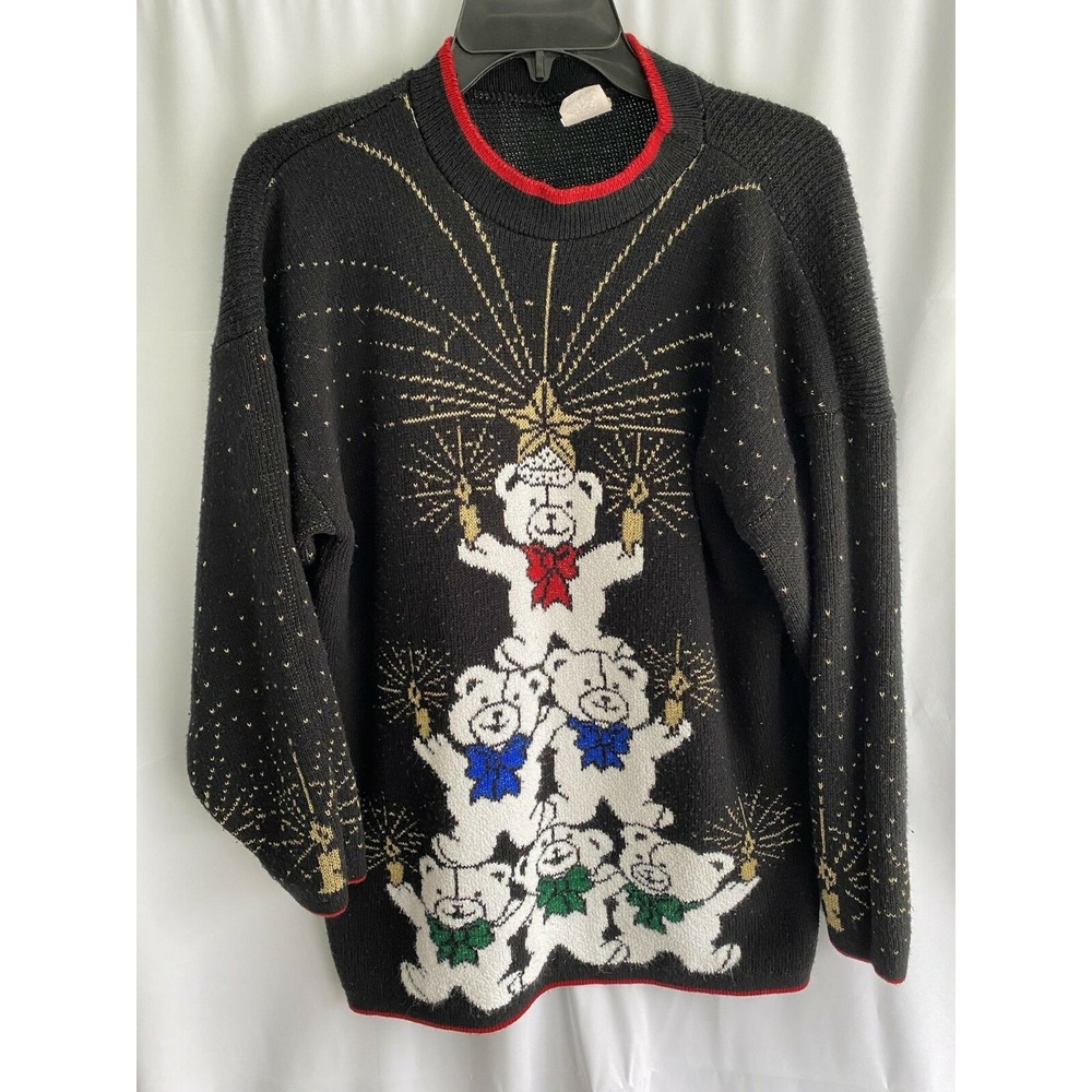 Vintage Bears Christmas‎ Holiday Acrylic Sweater Medium Made in USA